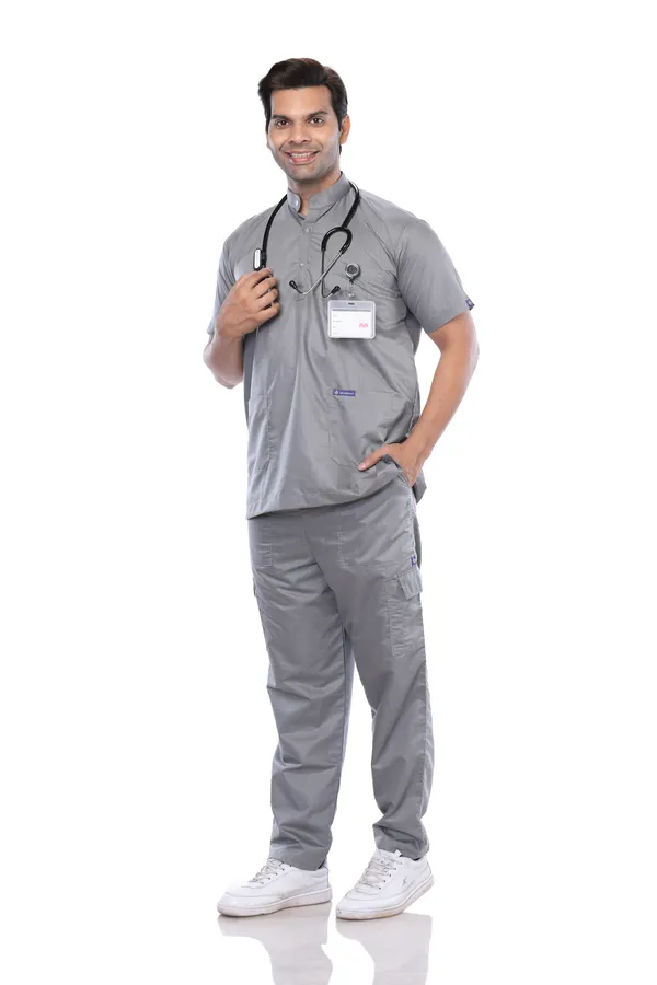 Grey_9_Pocket_Mandarin_Collar_Scrub_With_Cap_&_Mask_For_Men
