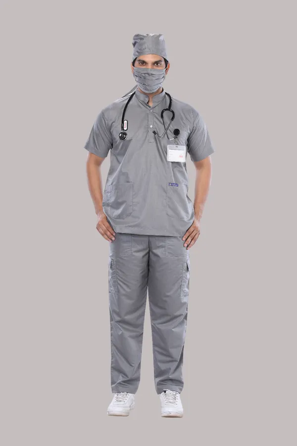 Grey_9_Pocket_Mandarin_Collar_Scrub_With_Cap_&_Mask_For_Men