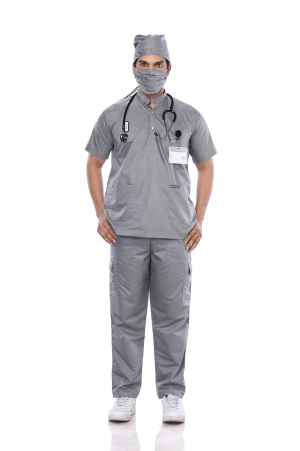 Grey_9_Pocket_Mandarin_Collar_Scrub_With_Cap_&_Mask_For_Men