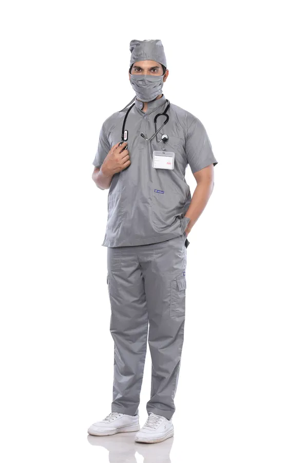 Grey_9_Pocket_Mandarin_Collar_Scrub_With_Cap_&_Mask_For_Men