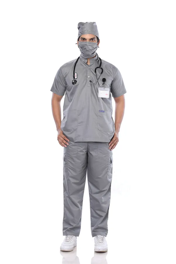 Grey_9_Pocket_Mandarin_Collar_Scrub_With_Cap_&_Mask_For_Men