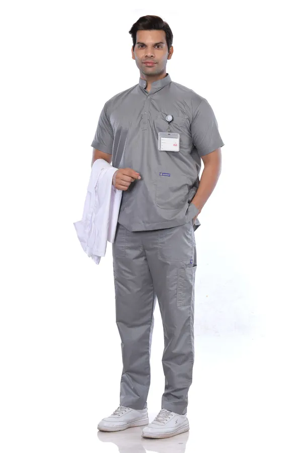 Grey_9_Pocket_Mandarin_Collar_Scrub_With_Cap_&_Mask_For_Men