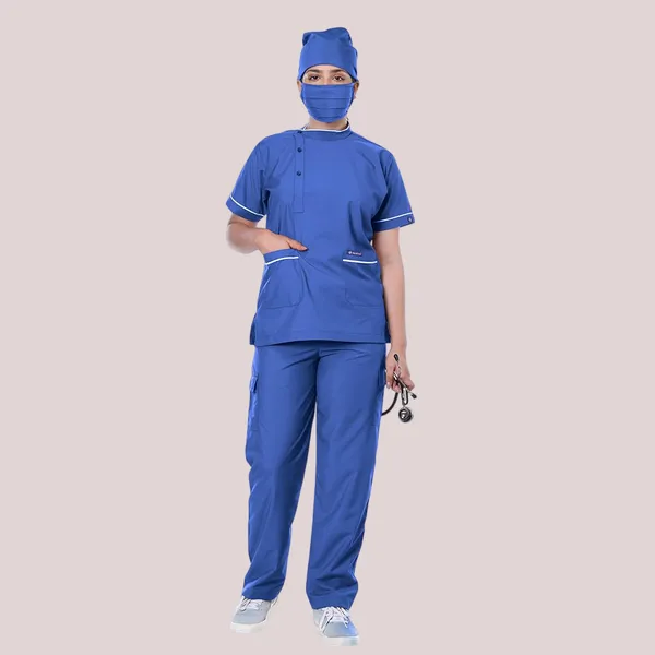 Royal_Blue_9_Pocket_Biofit_Collar_Scrub_With_Cap_&_Mask_For_Women