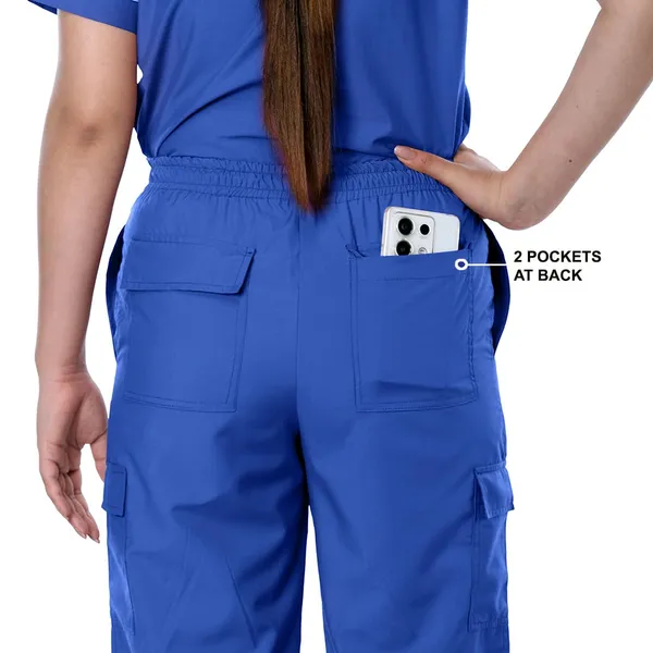 Royal_Blue_9_Pocket_Biofit_Collar_Scrub_With_Cap_&_Mask_For_Women