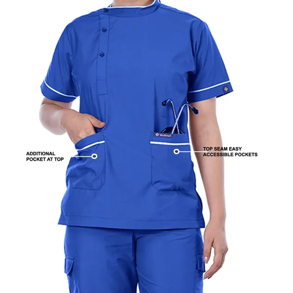 Royal_Blue_9_Pocket_Biofit_Collar_Scrub_With_Cap_&_Mask_For_Women