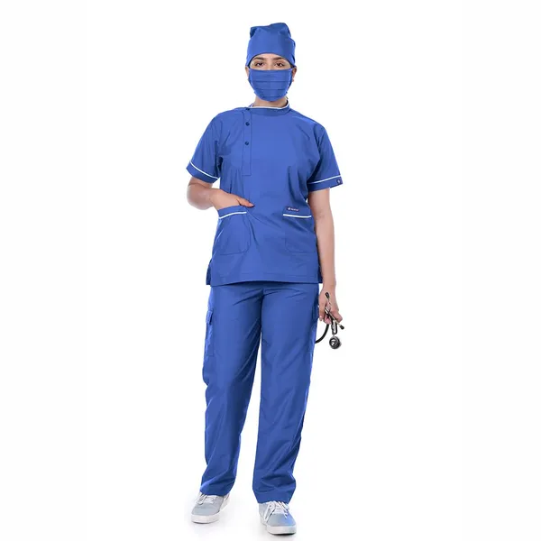 Royal_Blue_9_Pocket_Biofit_Collar_Scrub_With_Cap_&_Mask_For_Women