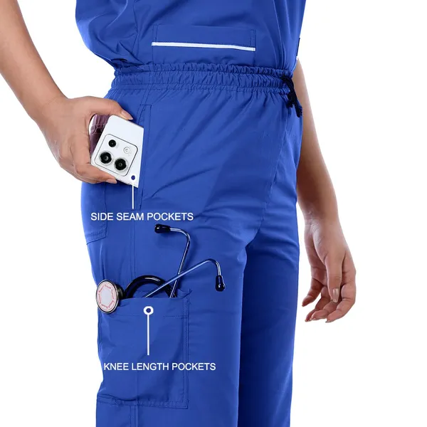 Royal_Blue_9_Pocket_Biofit_Collar_Scrub_With_Cap_&_Mask_For_Women
