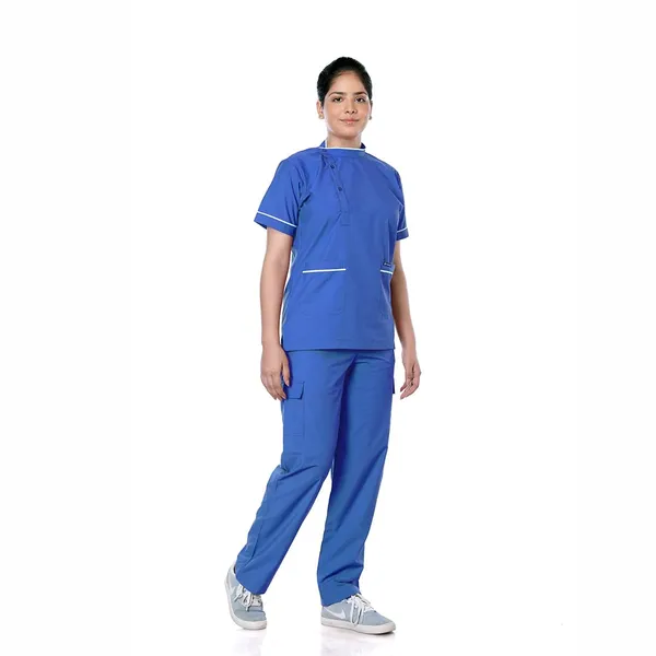 Royal_Blue_9_Pocket_Biofit_Collar_Scrub_With_Cap_&_Mask_For_Women