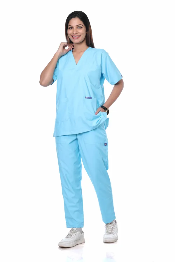 Pastel_Blue_9_Pocket_Scrub_V_Neck_With_Cap_&_Mask_For_Women