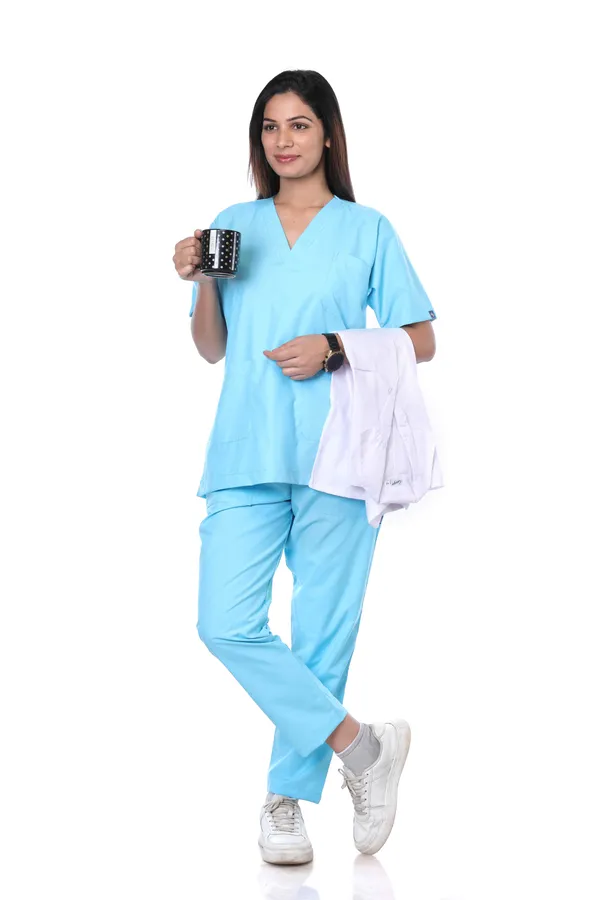 Pastel_Blue_9_Pocket_Scrub_V_Neck_With_Cap_&_Mask_For_Women
