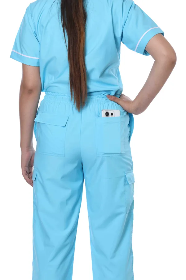 Pastel_Blue_9_Pocket_Scrub_V_Neck_With_Cap_&_Mask_For_Women