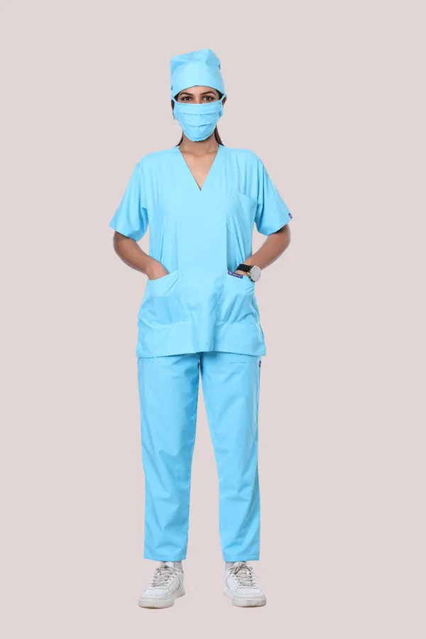 Pastel_Blue_9_Pocket_Scrub_V_Neck_With_Cap_&_Mask_For_Women