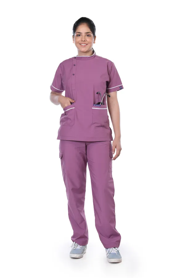 Misty_Pink_9_Pocket_Biofit_Collar_Scrub_With_Cap_&_Mask_For_Women