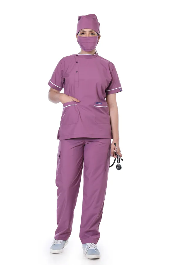 Misty_Pink_9_Pocket_Biofit_Collar_Scrub_With_Cap_&_Mask_For_Women