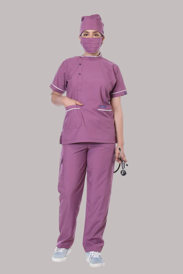 Misty_Pink_9_Pocket_Biofit_Collar_Scrub_With_Cap_&_Mask_For_Women