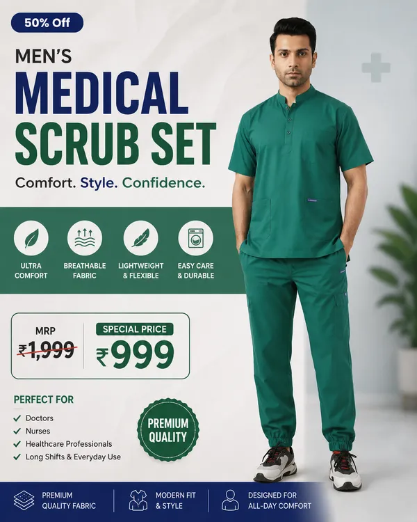 Green_7_Pocket_Mandarin_Collar_Scrub_With_Cap_&_Mask_For_Men