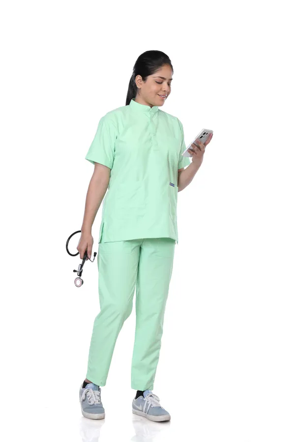 Pastel_Green_9_Pocket_Mandarin_Collar_Scrub_With_Cap_&_Mask_For_Women