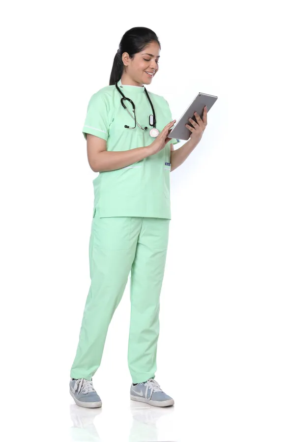 Pastel_Green_7_Pocket_Biofit_Collar_Scrub_With_Cap_&_Mask_For_Women