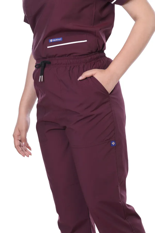 Wine_5_Pocket_Biofit_Collar_Scrub_With_Cap_&_Mask_For_Women
