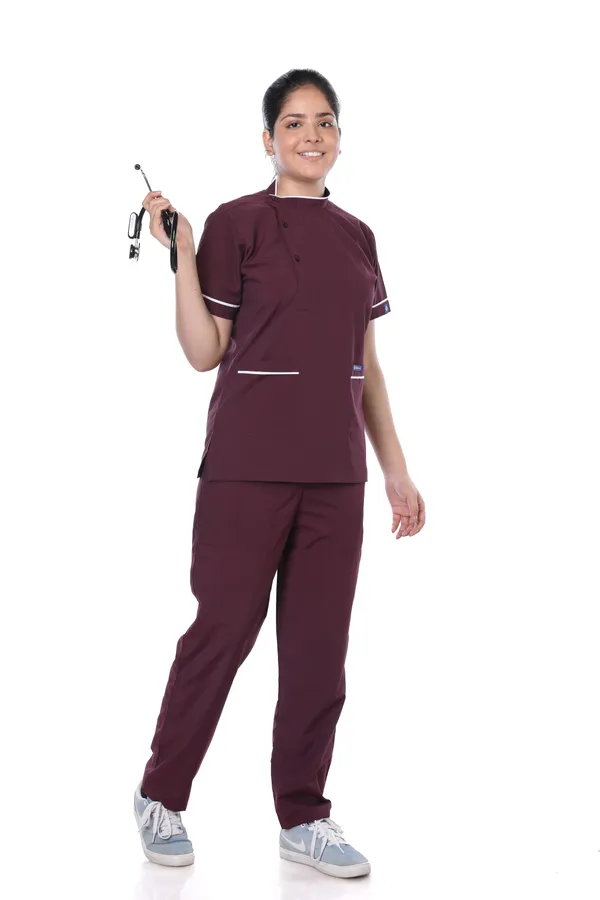 Wine_5_Pocket_Biofit_Collar_Scrub_With_Cap_&_Mask_For_Women