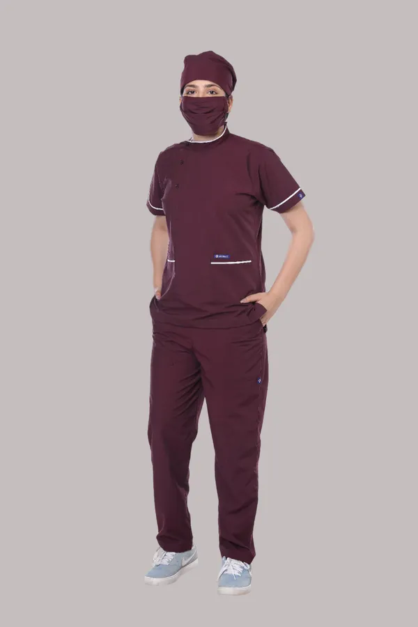Wine_5_Pocket_Biofit_Collar_Scrub_With_Cap_&_Mask_For_Women