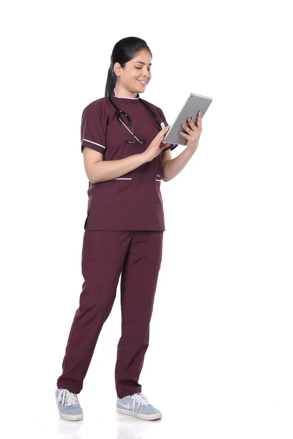 Wine_5_Pocket_Biofit_Collar_Scrub_With_Cap_&_Mask_For_Women