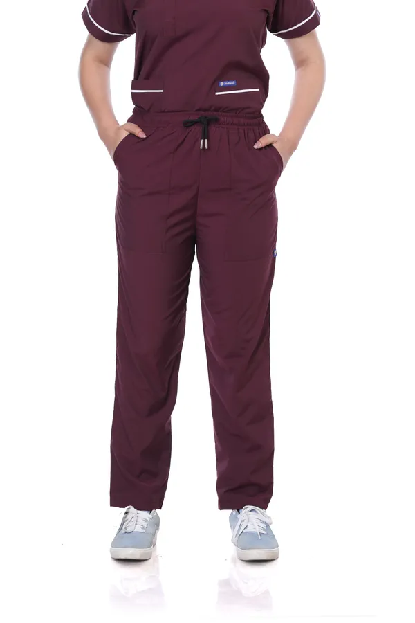 Wine_5_Pocket_Biofit_Collar_Scrub_With_Cap_&_Mask_For_Women