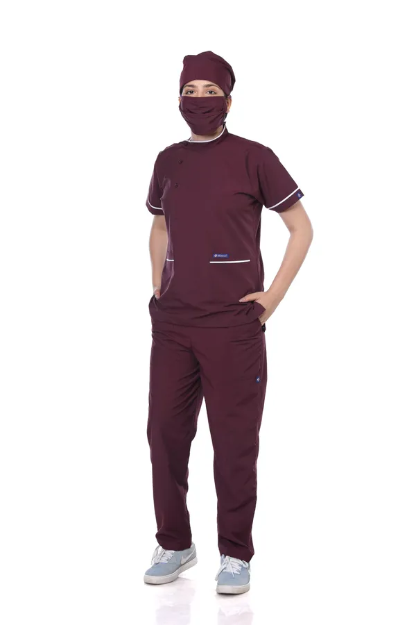 Wine_5_Pocket_Biofit_Collar_Scrub_With_Cap_&_Mask_For_Women