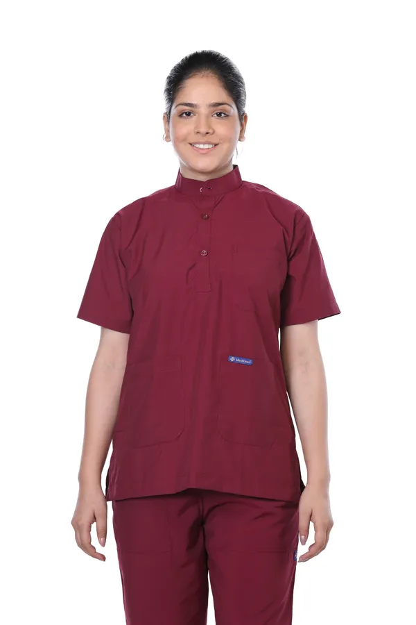 Maroon_5_Pocket_Mandarin_Collar_Scrub_With_Cap_&_Mask_For_Women