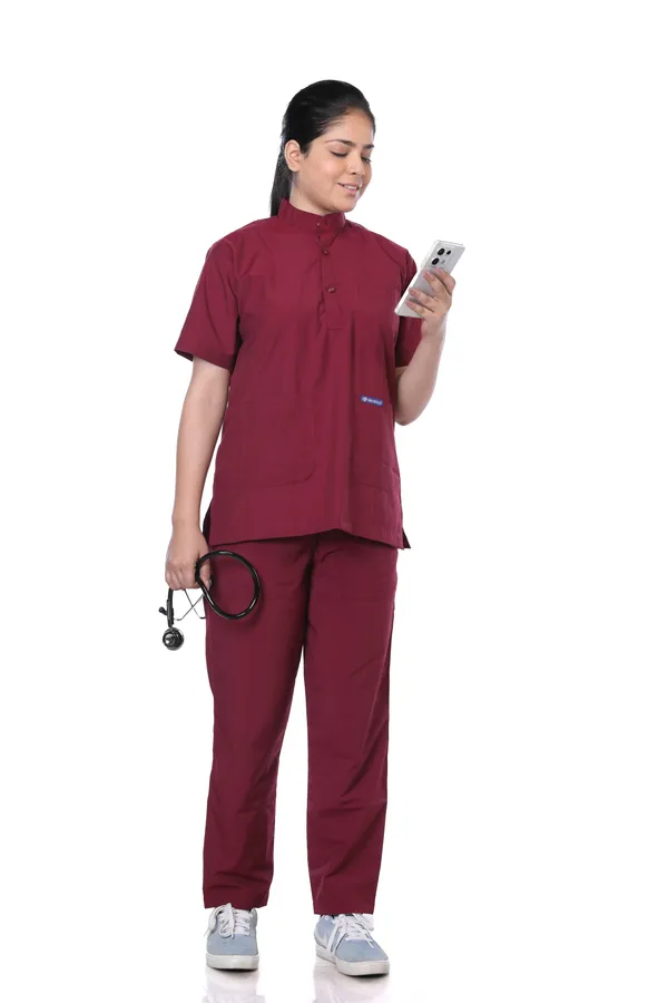 Maroon_5_Pocket_Mandarin_Collar_Scrub_With_Cap_&_Mask_For_Women
