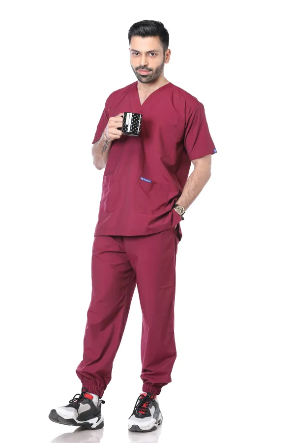 Maroon_7_Pocket_V_Neck_Scrub_With_Cap_&_Mask_For_Men