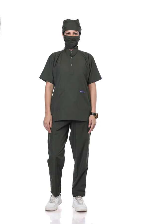 Forest_Green_5_Pocket_Mandarin_Collar_Scrub_With_Cap_&_Mask_For_Women