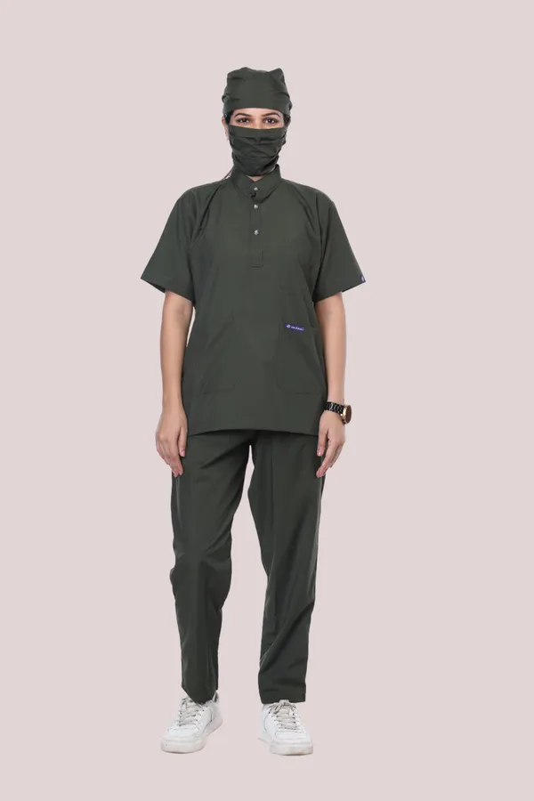 Forest_Green_5_Pocket_Mandarin_Collar_Scrub_With_Cap_&_Mask_For_Women