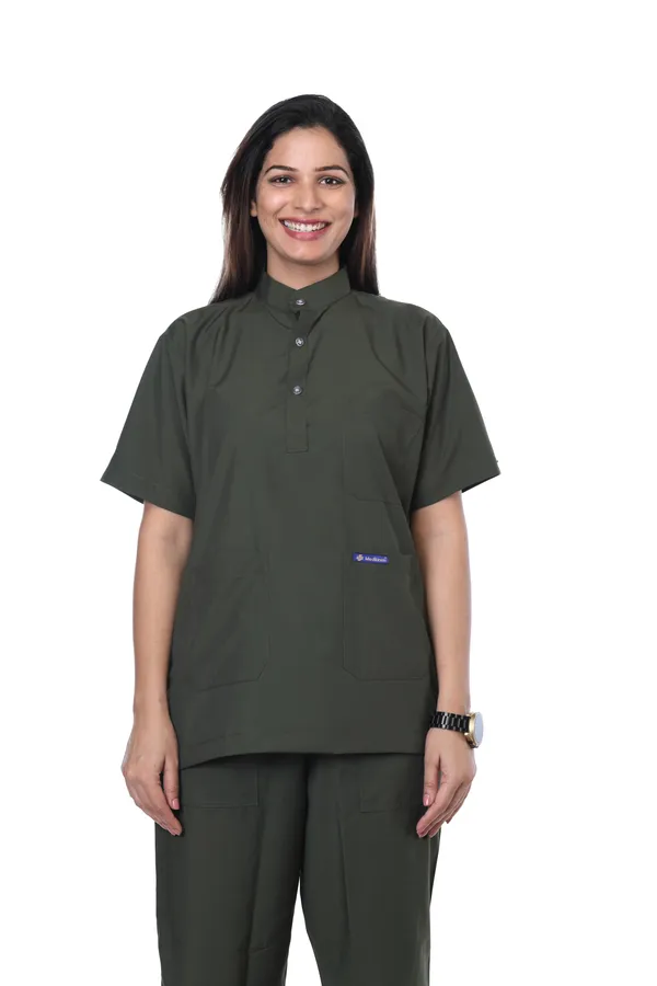 Forest_Green_5_Pocket_Mandarin_Collar_Scrub_With_Cap_&_Mask_For_Women