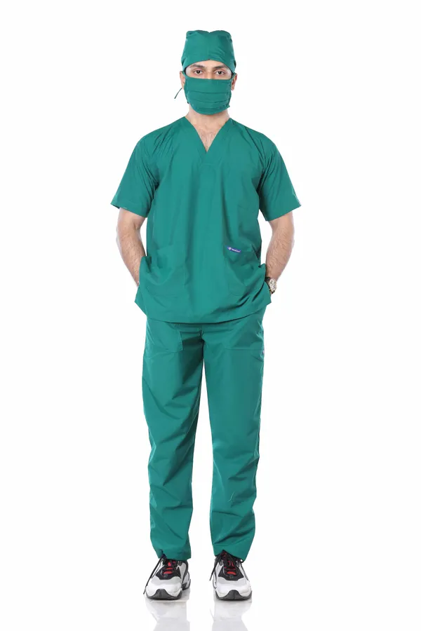 Green_5_Pocket_V_Neck_Scrub_With_Cap_&_Mask_For_Men