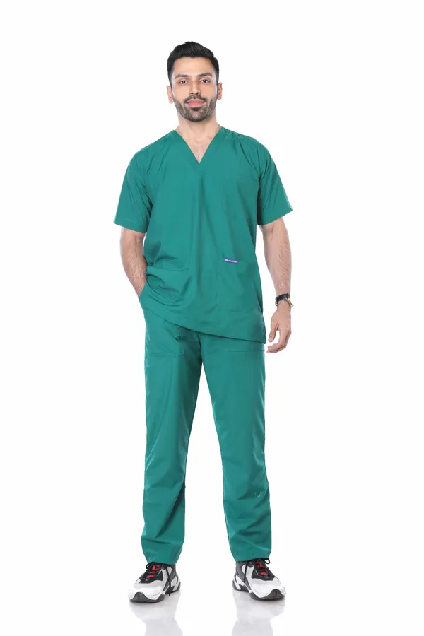 Green_5_Pocket_V_Neck_Scrub_With_Cap_&_Mask_For_Men