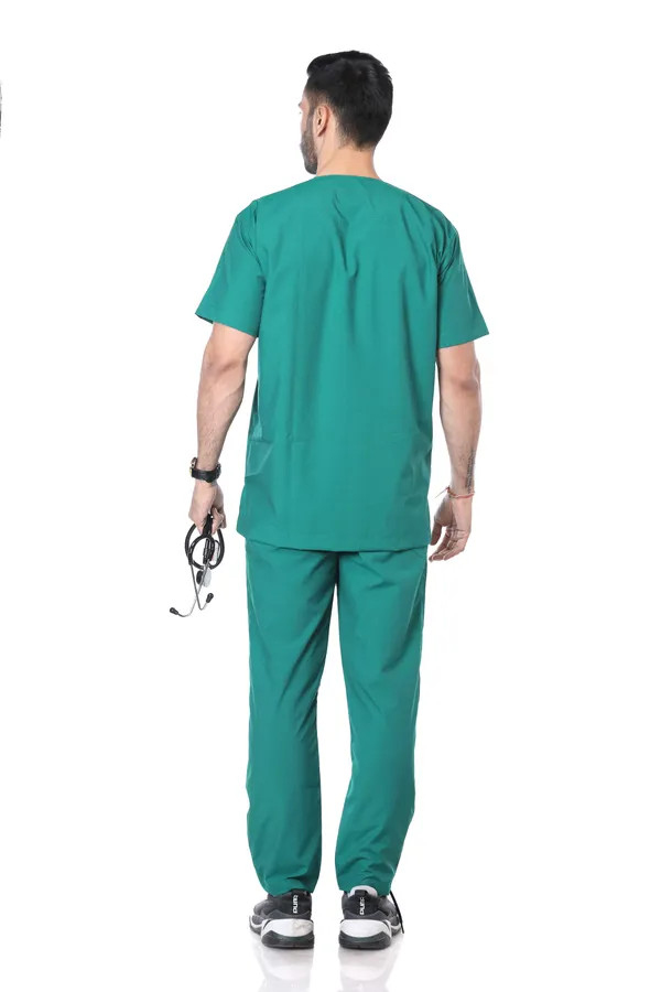 Green_5_Pocket_V_Neck_Scrub_With_Cap_&_Mask_For_Men