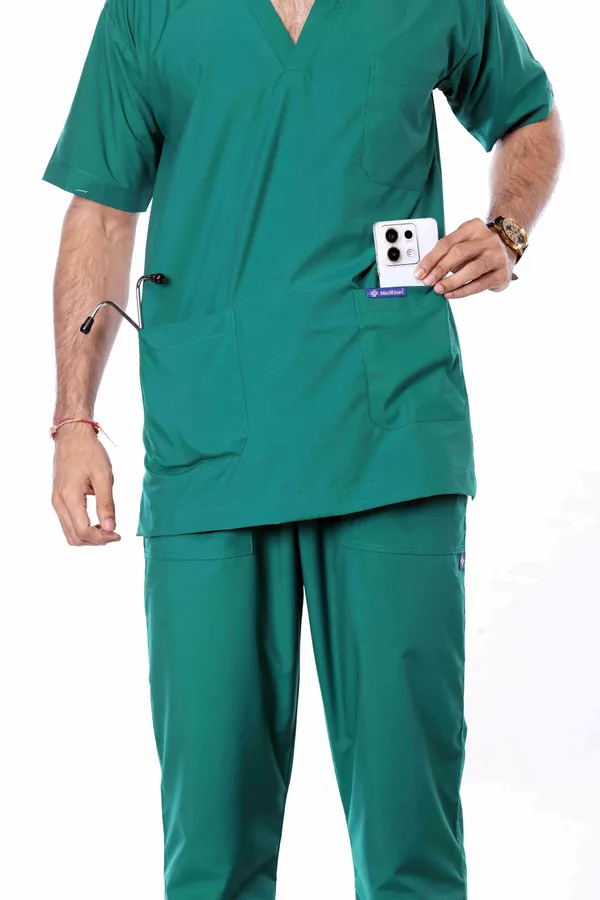 Green_5_Pocket_V_Neck_Scrub_With_Cap_&_Mask_For_Men