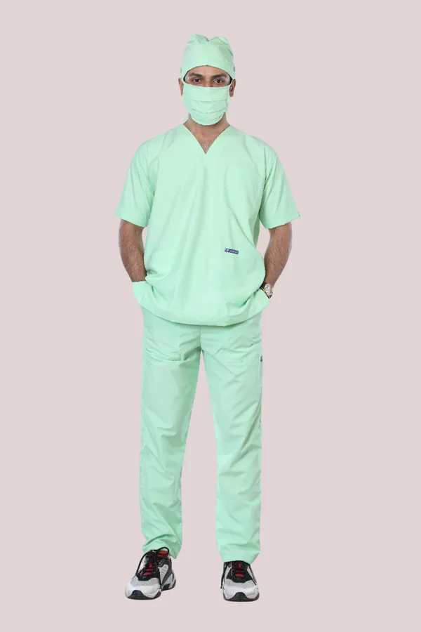 Pastel_Green_5_Pocket_V_Neck_Scrub_With_Cap_&_Mask_For_Men