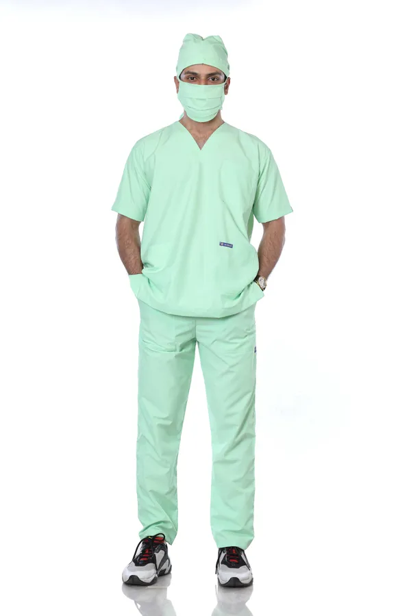 Pastel_Green_5_Pocket_V_Neck_Scrub_With_Cap_&_Mask_For_Men