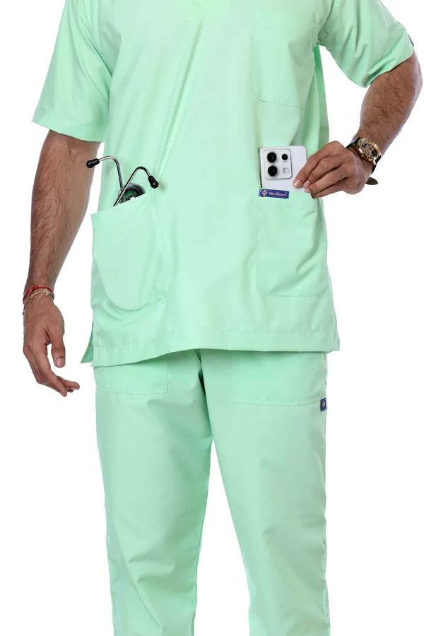 Pastel_Green_5_Pocket_V_Neck_Scrub_With_Cap_&_Mask_For_Men