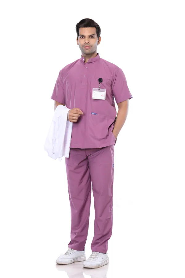 Misty_Pink_5_Pocket_Mandarin_Collar_Scrub_With_Cap_&_Mask_For_Men