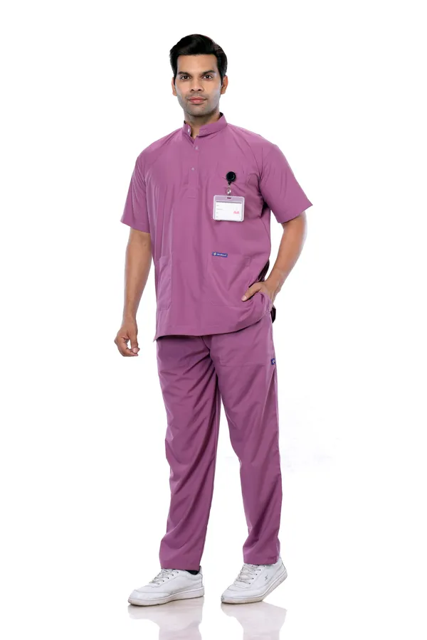 Misty_Pink_5_Pocket_Mandarin_Collar_Scrub_With_Cap_&_Mask_For_Men