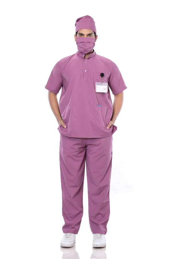 Misty_Pink_5_Pocket_Mandarin_Collar_Scrub_With_Cap_&_Mask_For_Men