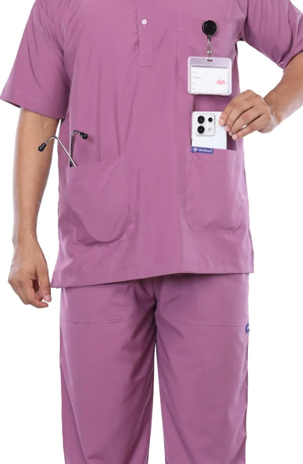 Misty_Pink_5_Pocket_Mandarin_Collar_Scrub_With_Cap_&_Mask_For_Men
