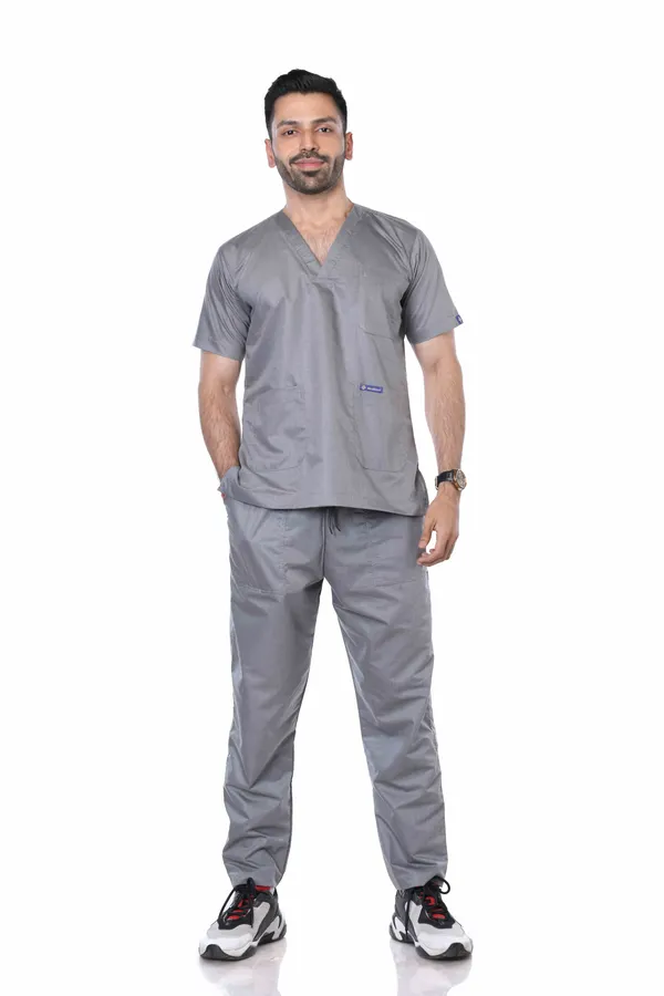 Grey_5_Pocket_V_Neck_Scrub_With_Cap_&_Mask_For_Men