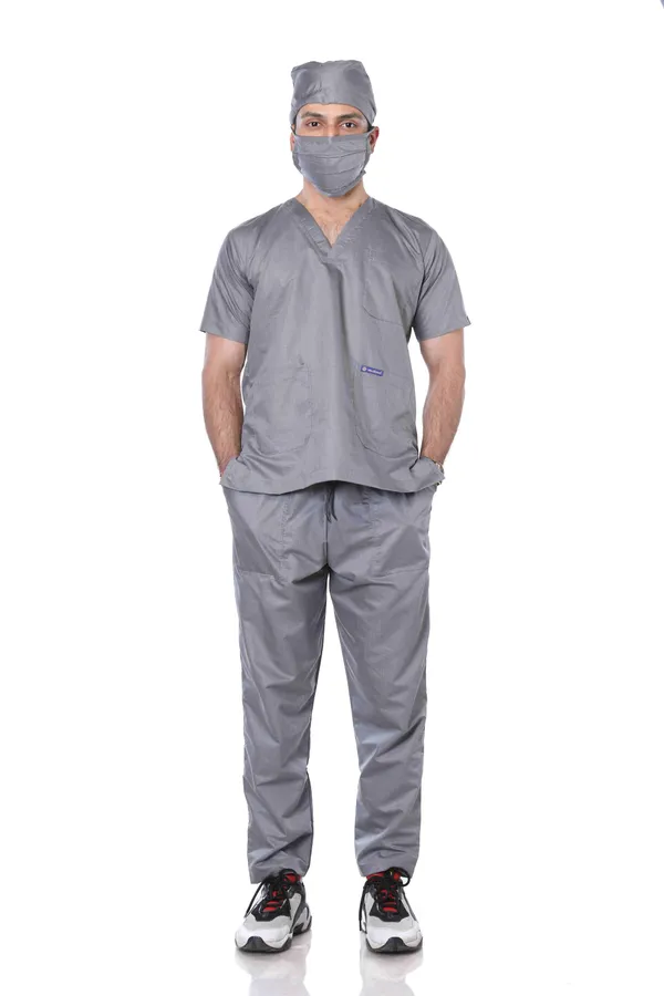 Grey_5_Pocket_V_Neck_Scrub_With_Cap_&_Mask_For_Men