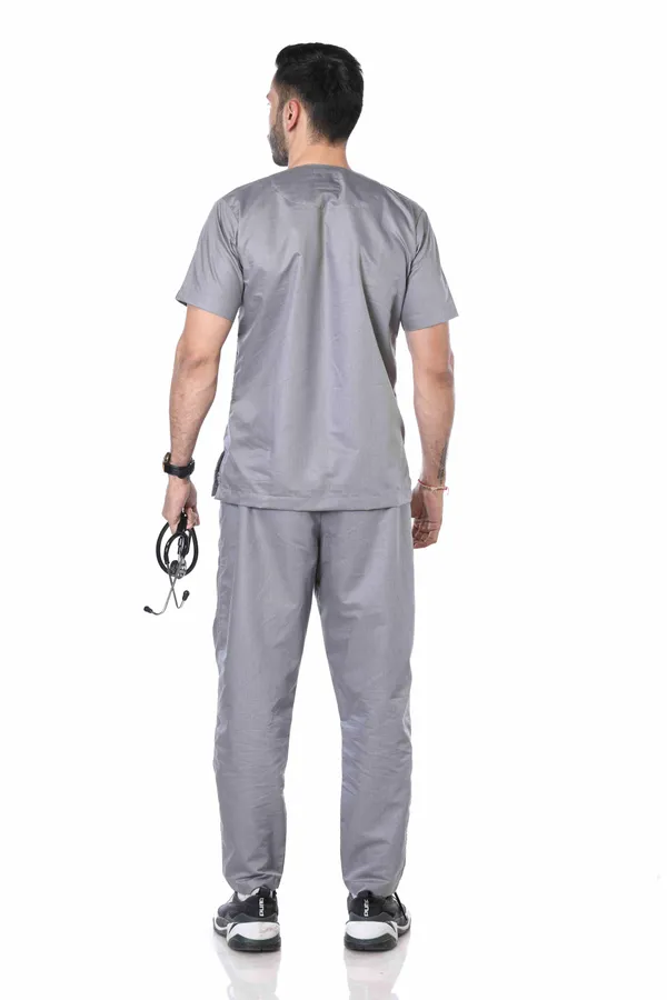 Grey_5_Pocket_V_Neck_Scrub_With_Cap_&_Mask_For_Men
