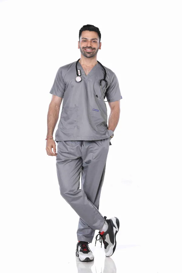 Grey_5_Pocket_V_Neck_Scrub_With_Cap_&_Mask_For_Men