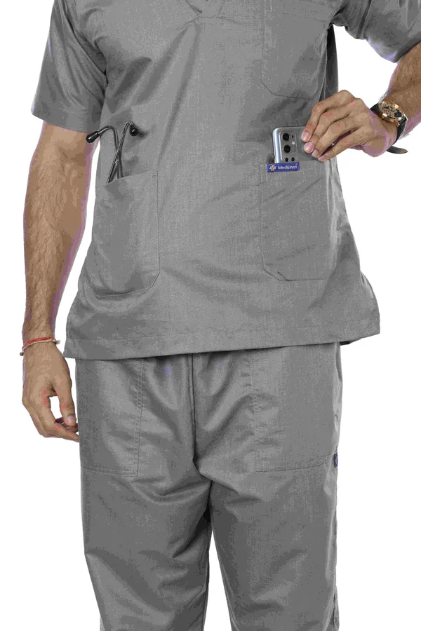 Grey_5_Pocket_V_Neck_Scrub_With_Cap_&_Mask_For_Men